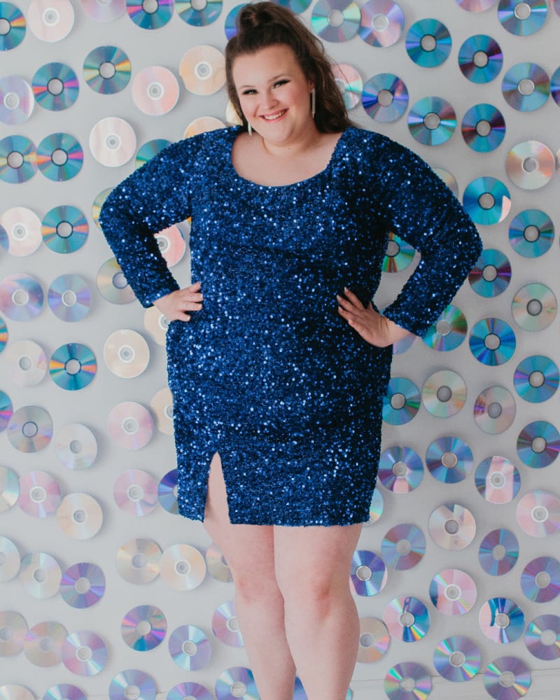 Front of a model wearing a size 32 What A Gem Short Prom Dress in Sapphire by Sydney's Closet. | dia_product_style_image_id:286749